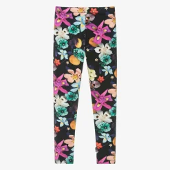Girls Black Cotton Floral Leggings