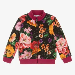 Girls Black Cotton Floral Zip-Up Top