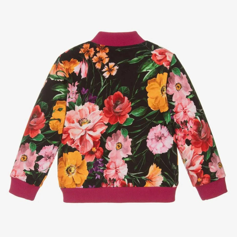 Girls Black Cotton Floral Zip-Up Top