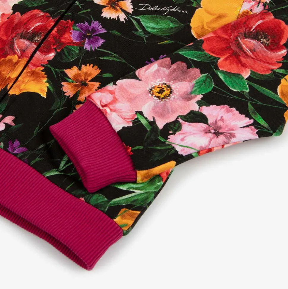 Girls Black Cotton Floral Zip-Up Top