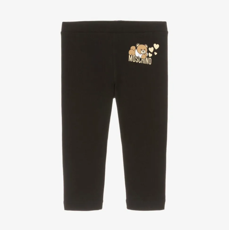 Girls Black Cotton Teddy Bear Leggings
