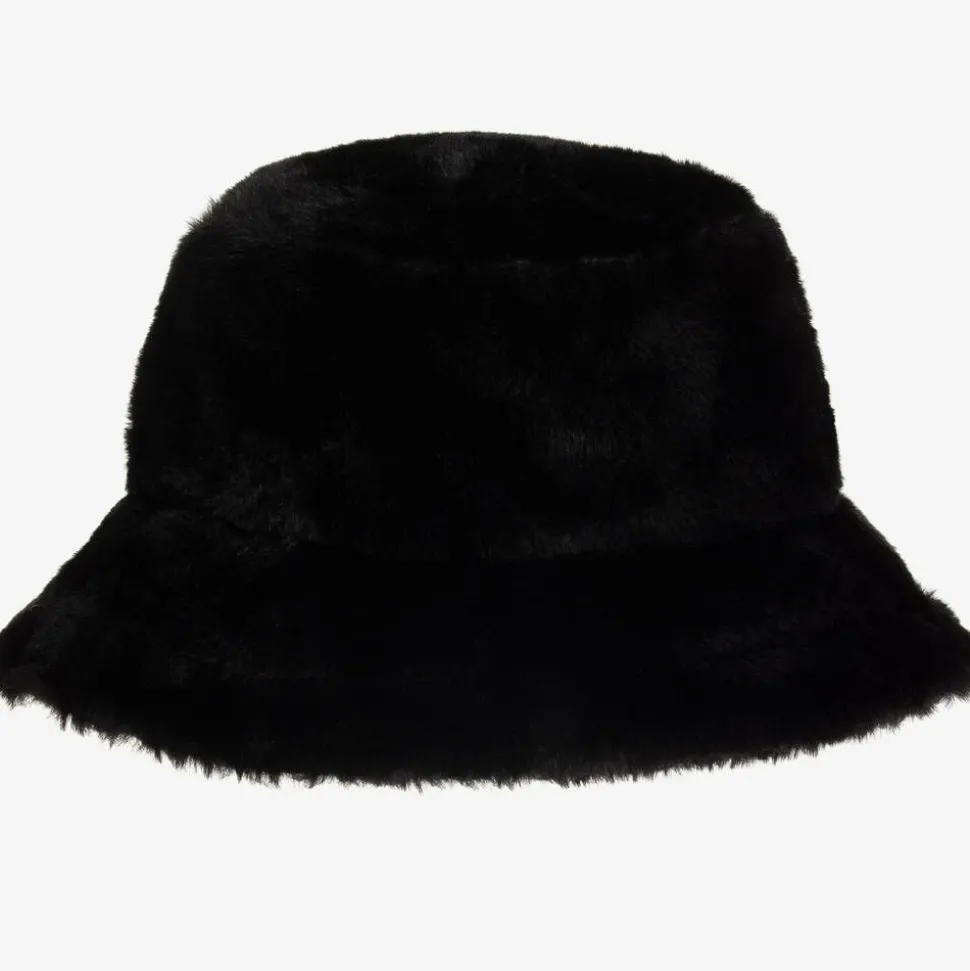 Girls Black Faux Fur Bucket Hat