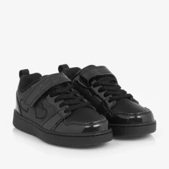 Girls Black Faux Leather Heart Trainers
