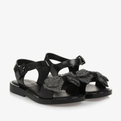 Girls Black Glitter Bow Jelly Sandals