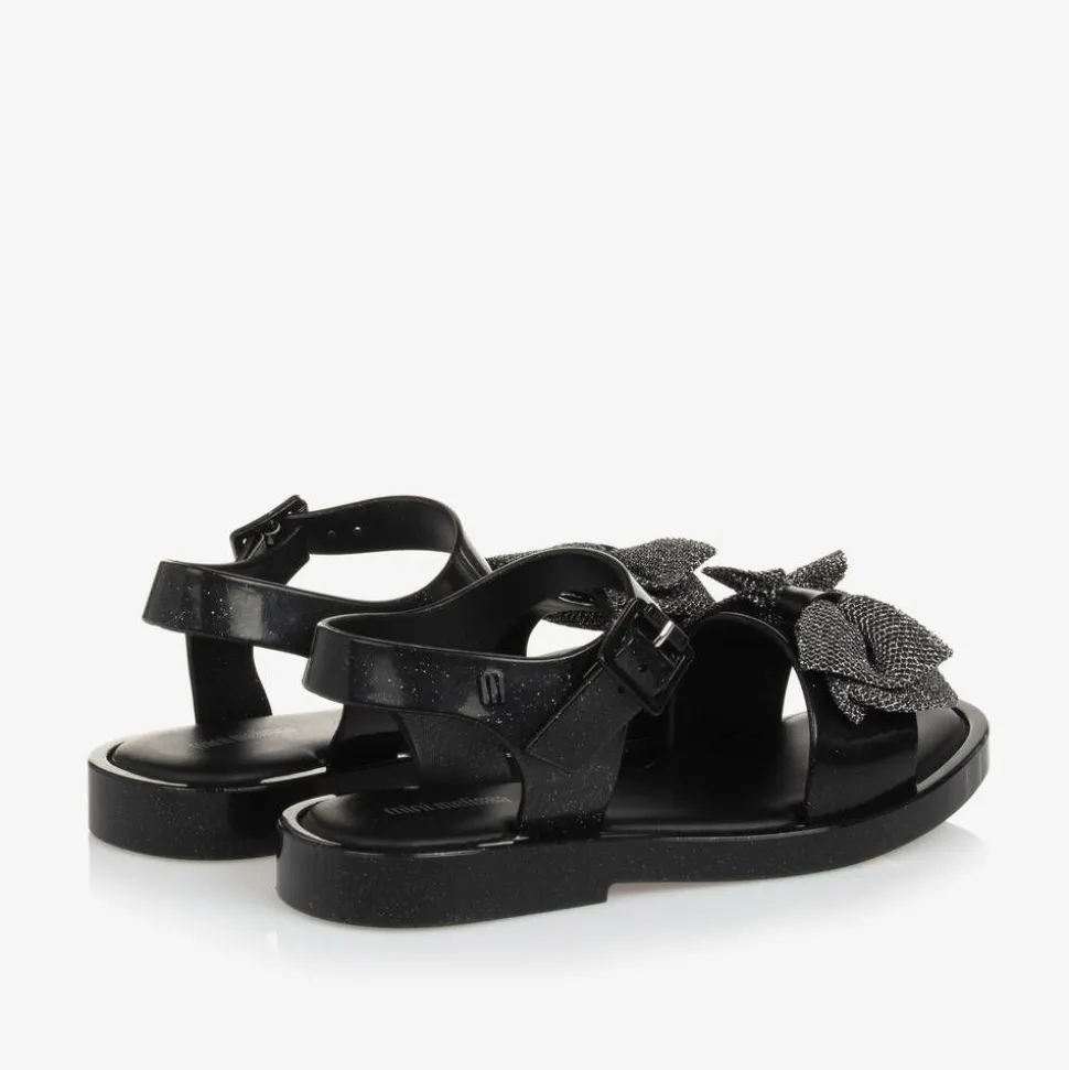 Girls Black Glitter Bow Jelly Sandals