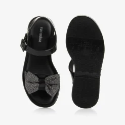 Girls Black Glitter Bow Jelly Sandals