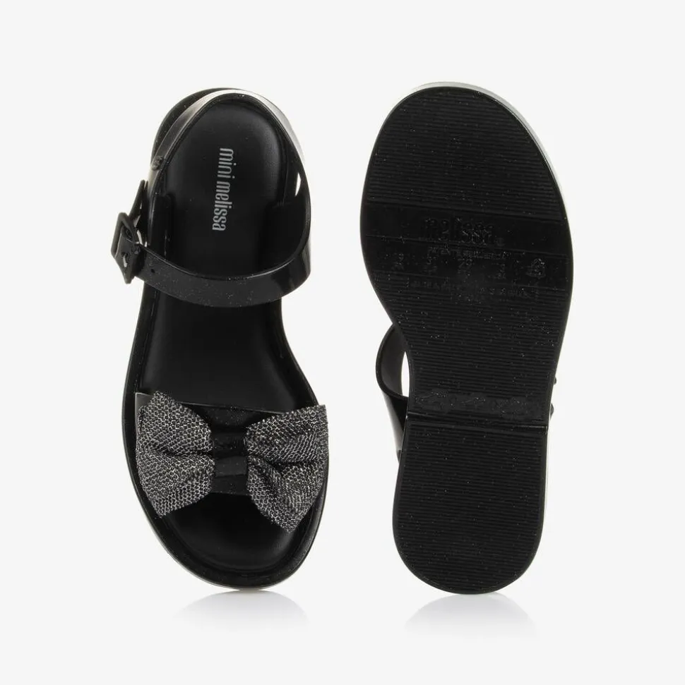Girls Black Glitter Bow Jelly Sandals