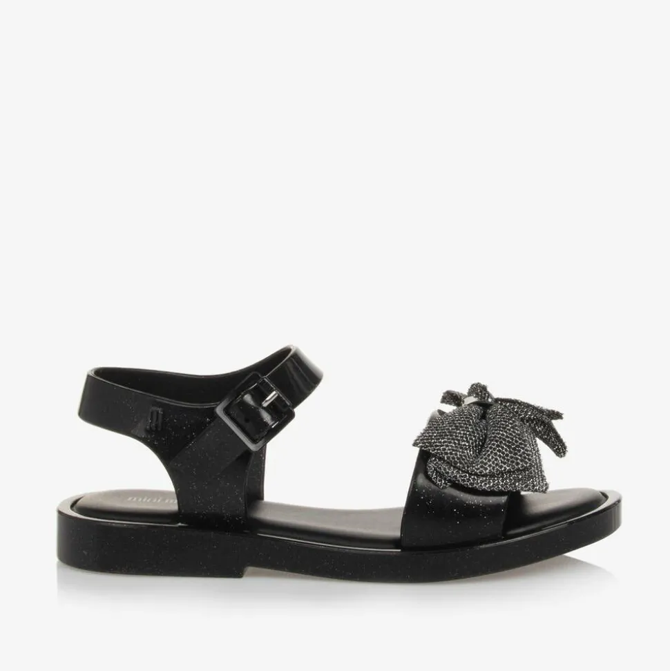 Girls Black Glitter Bow Jelly Sandals