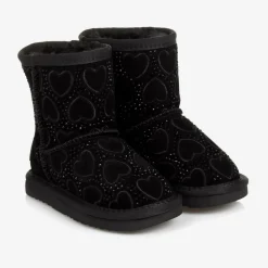 Girls Black Heart & Diamanté Suede Boots