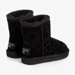 Girls Black Heart & Diamanté Suede Boots