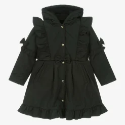 Girls Black Hooded Bow Coat