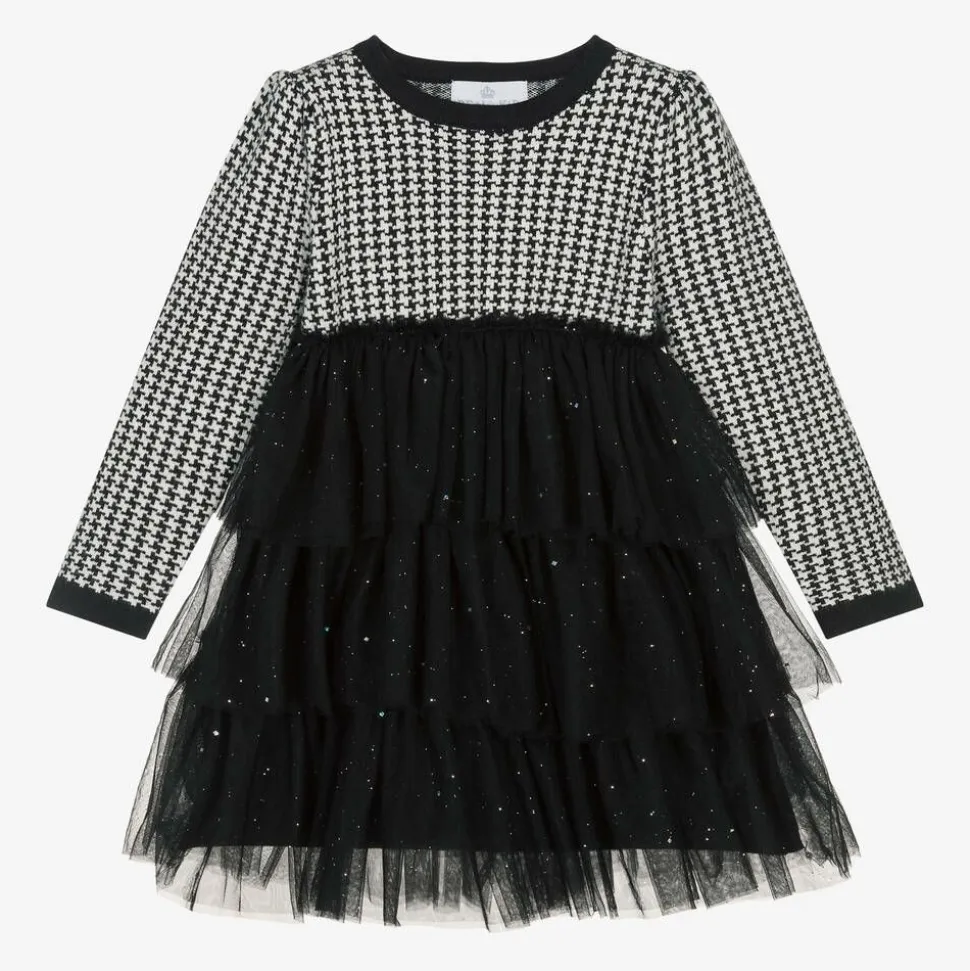Girls Black Houndstooth Knitted Dress