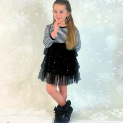 Girls Black Houndstooth Knitted Dress