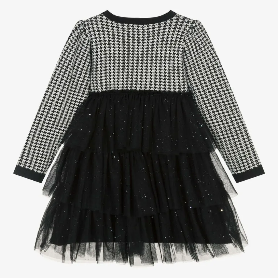 Girls Black Houndstooth Knitted Dress