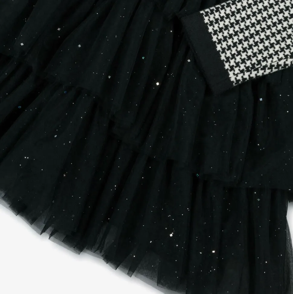 Girls Black Houndstooth Knitted Dress