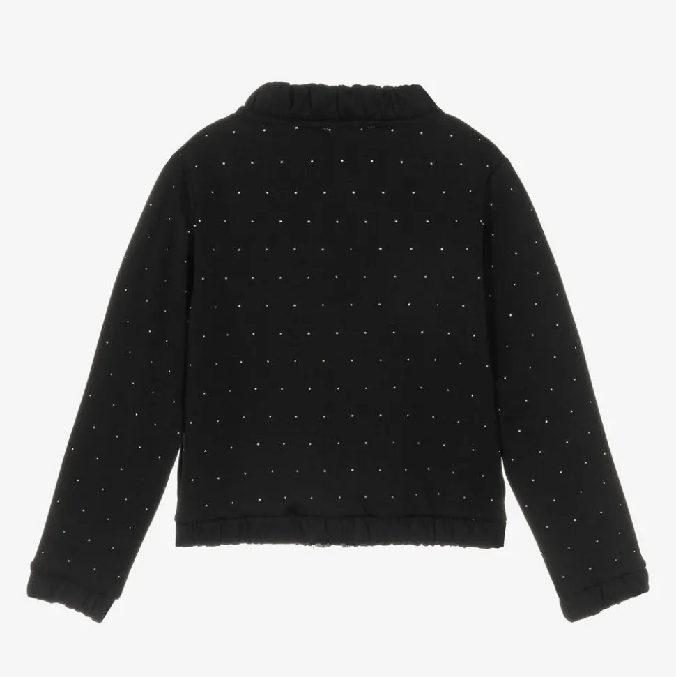 Girls Black Jersey Diamanté Zip-Up Top