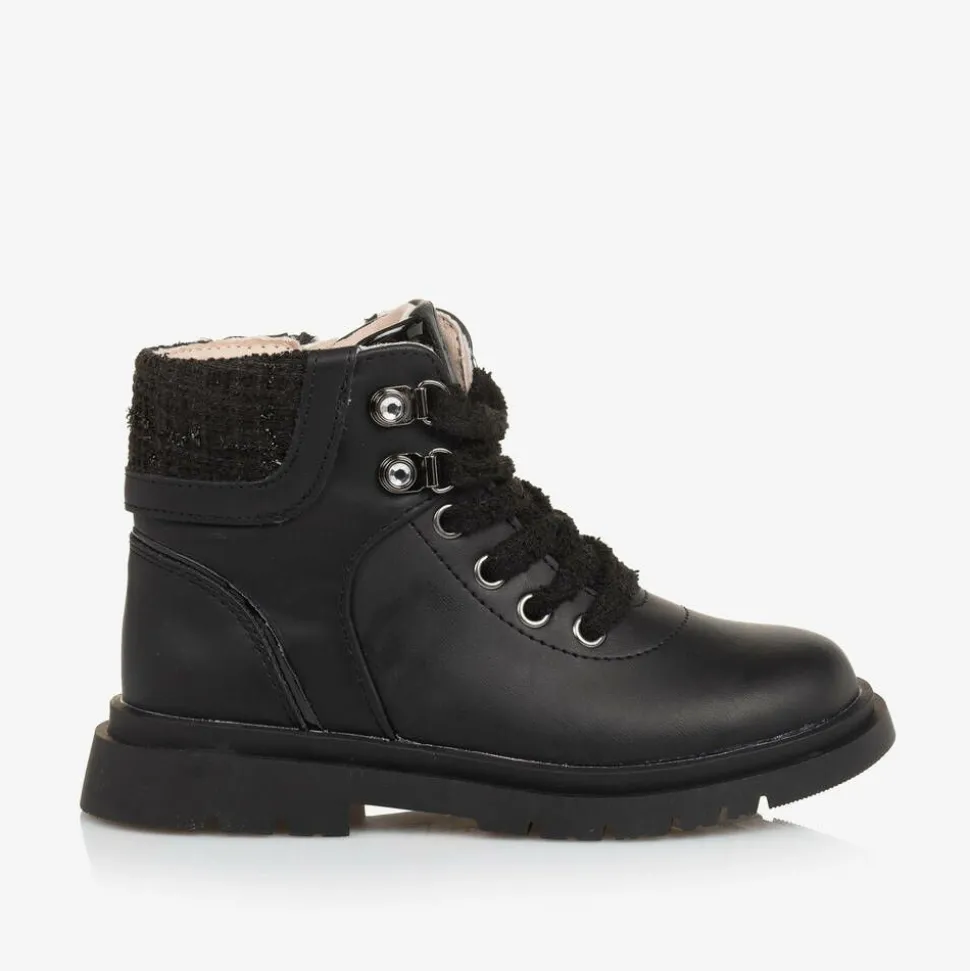 Girls Black Leather Lace-Up Boots