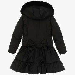 Girls Black Padded Ruffle Hooded Coat