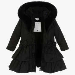 Girls Black Padded Ruffle Hooded Coat