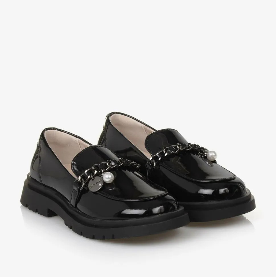 Girls Black Patent Faux Leather Loafers