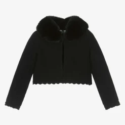 Girls Black Plush Collar Cardigan