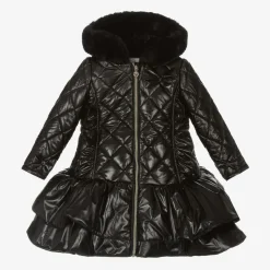 Girls Black Quilted Hooded Coat