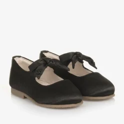 Girls Black Satin Bow Shoes