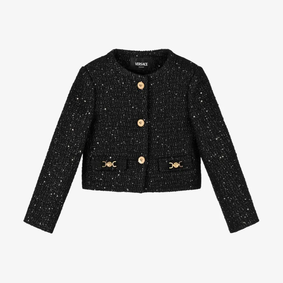 Girls Black Sequinned Tweed Jacket