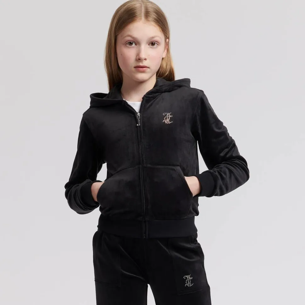 Girls Black Velour Zip-Up Top