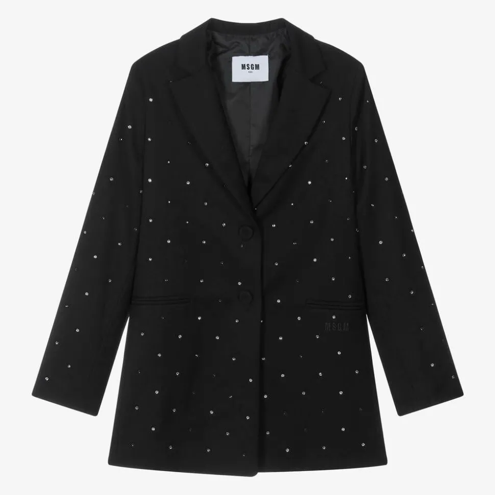 Girls Black Viscose Rhinestone Blazer