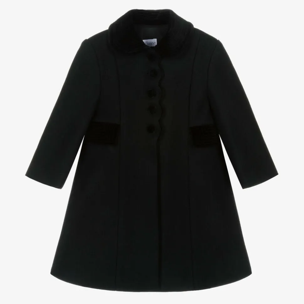 Girls Black Wool & Velvet Coat