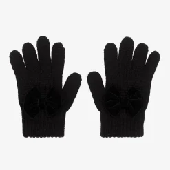 Girls Black Wool Knit Bow Gloves