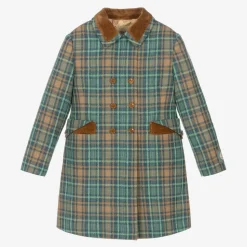 Girls Blue & Brown Wool Check Coat