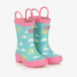 Girls Blue & Pink Happy Skies Rain Boots