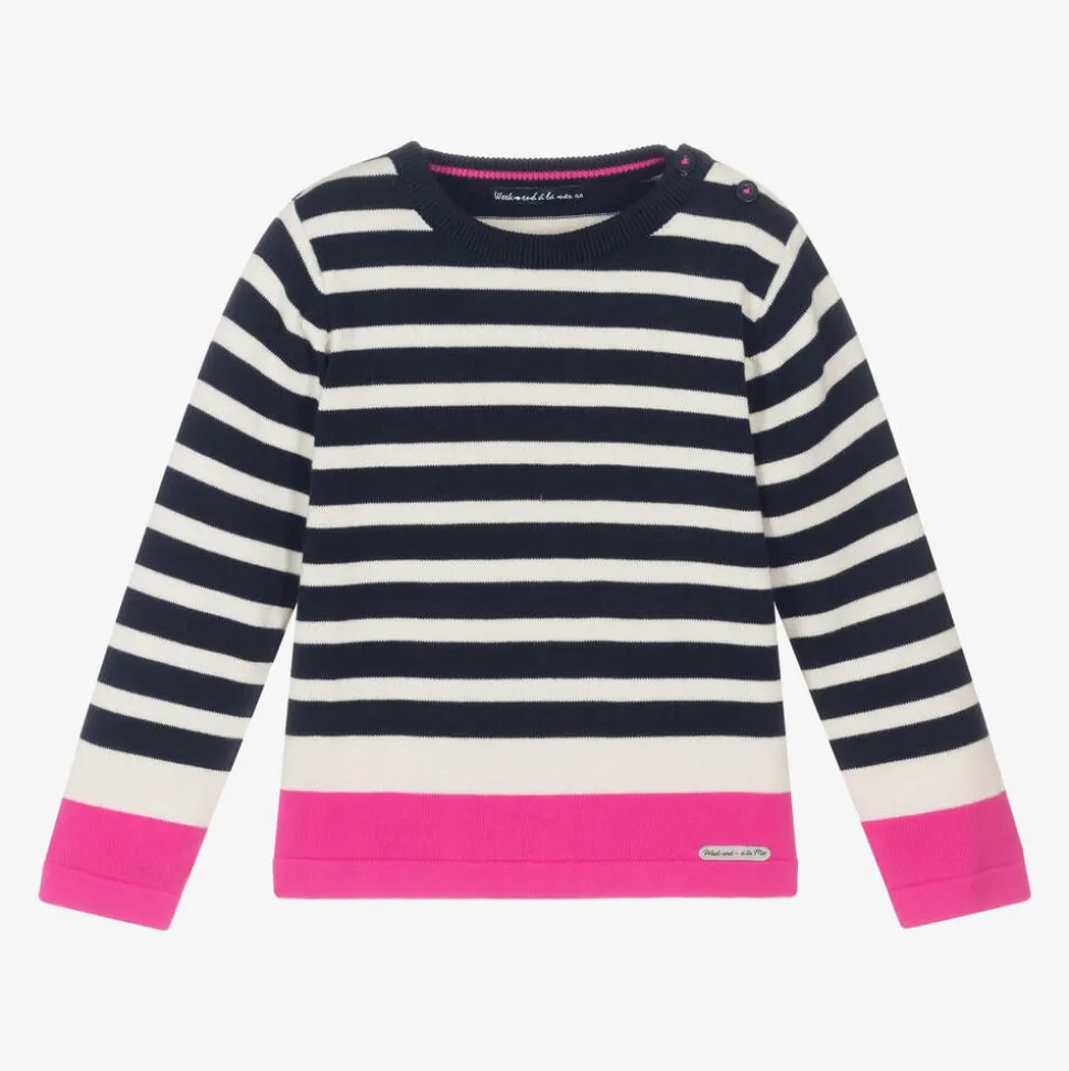 Girls Blue Cotton Breton Stripe Sweater