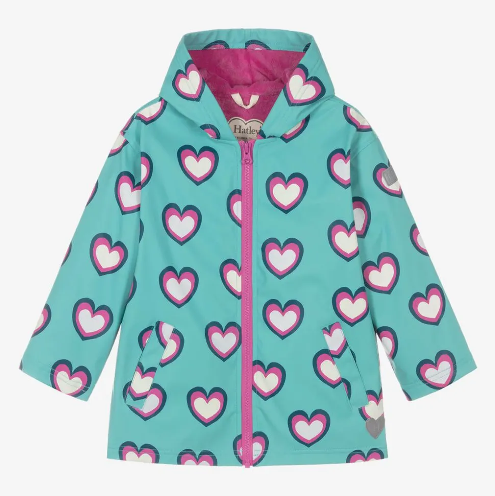 Girls Blue Heart Print Raincoat