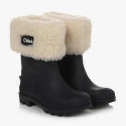 Girls Blue Rubber & Faux Fur Rain Boots