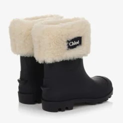 Girls Blue Rubber & Faux Fur Rain Boots