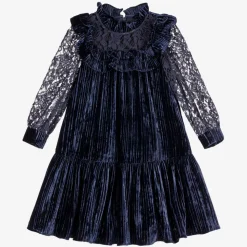 Girls Blue Velour & Lace Dress