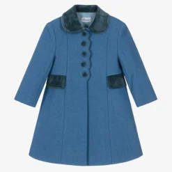 Girls Blue Wool & Velvet Coat