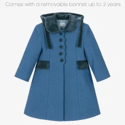 Girls Blue Wool & Velvet Coat