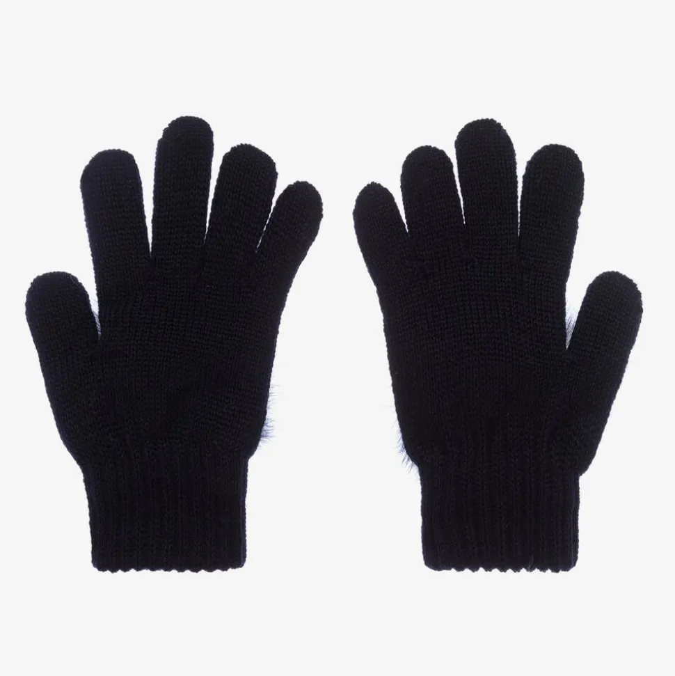 Girls Blue Wool Knit Pom-Pom Gloves