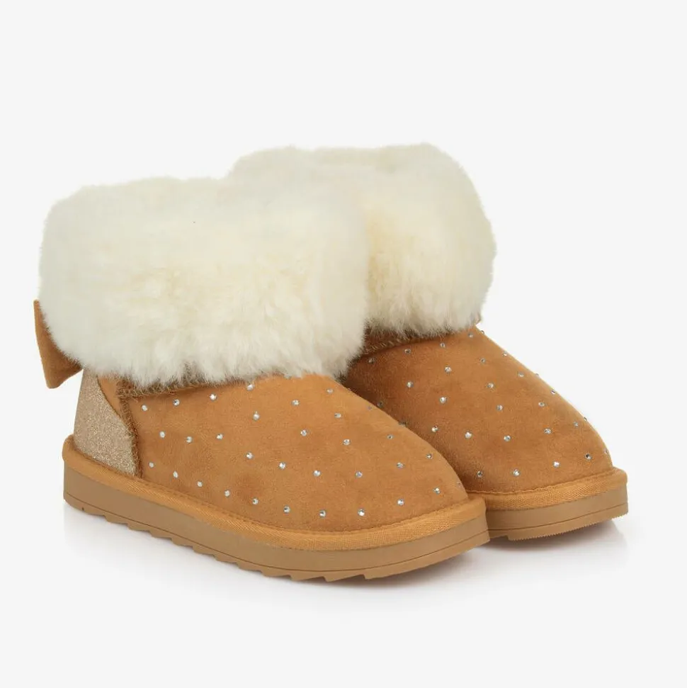 Girls Brown Faux Suede & Fur Trim Boots