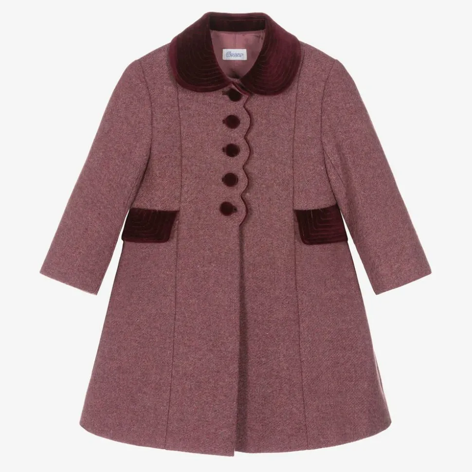 Girls Burgundy Red Wool & Velvet Coat