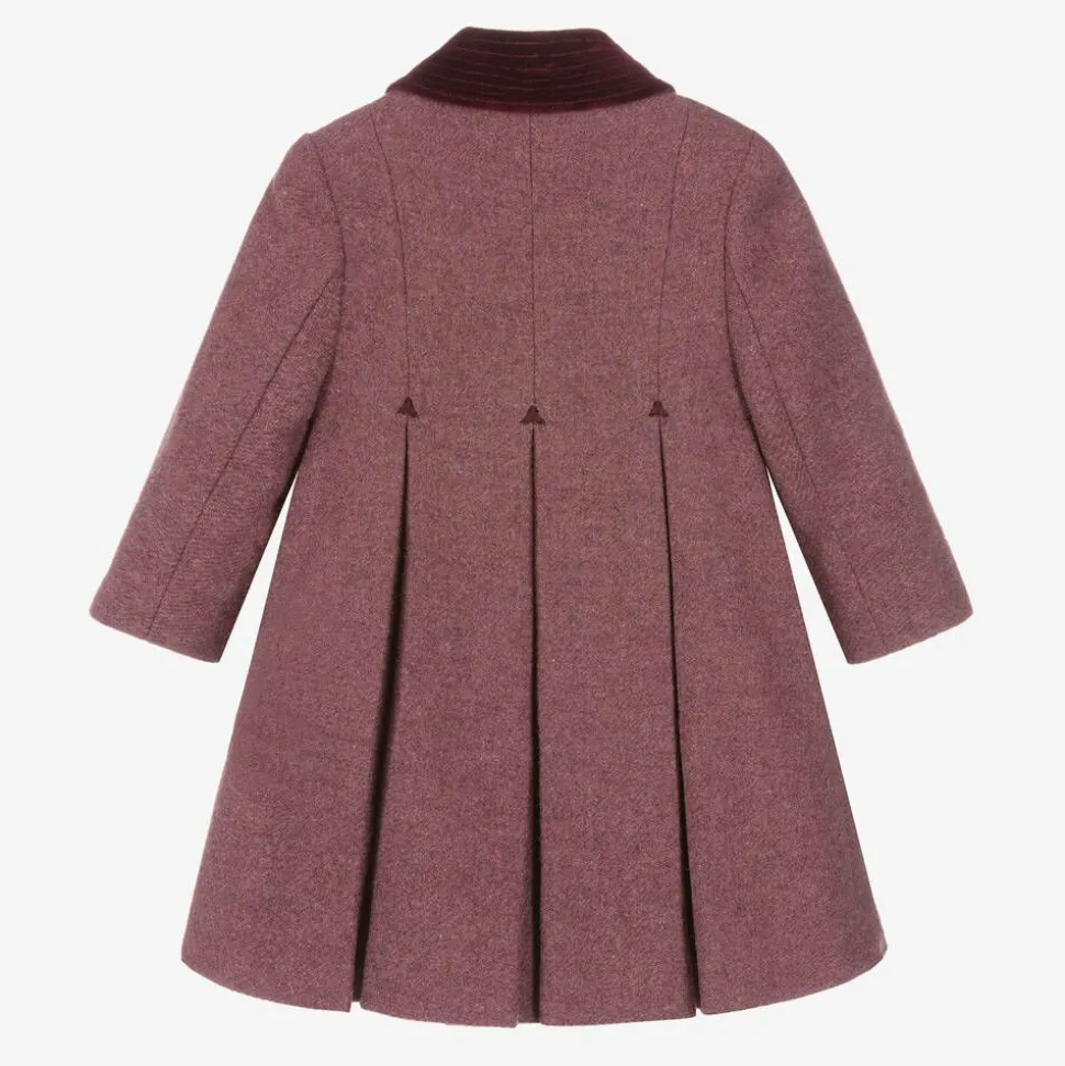Girls Burgundy Red Wool & Velvet Coat