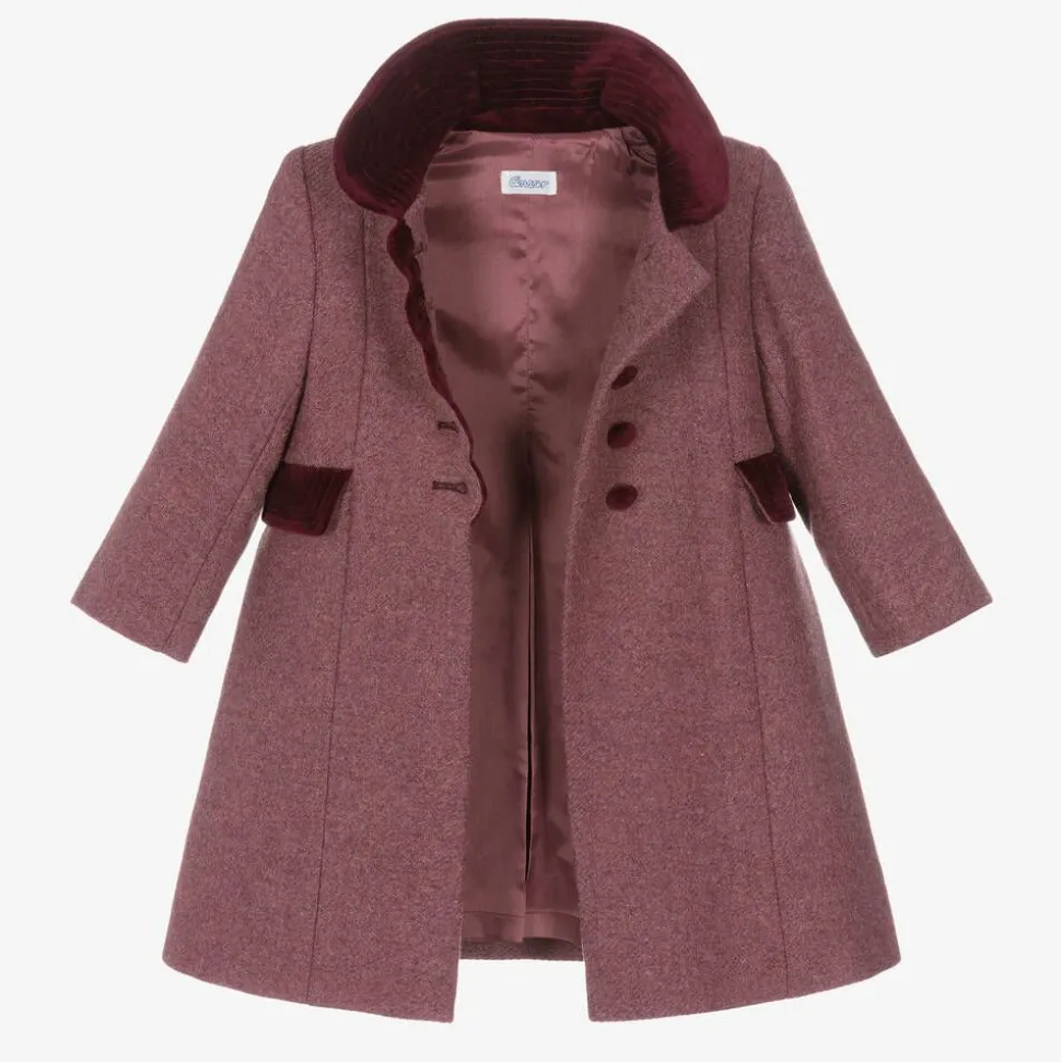 Girls Burgundy Red Wool & Velvet Coat