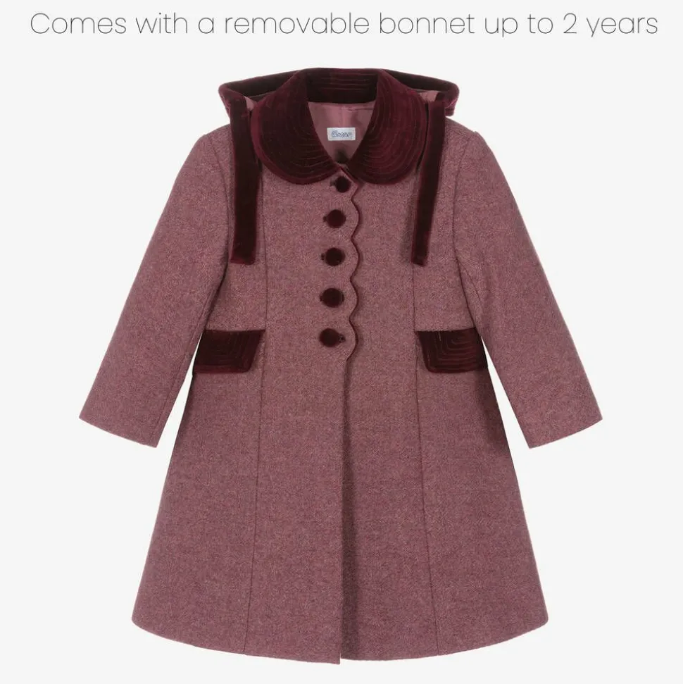 Girls Burgundy Red Wool & Velvet Coat
