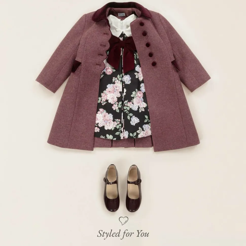Girls Burgundy Red Wool & Velvet Coat