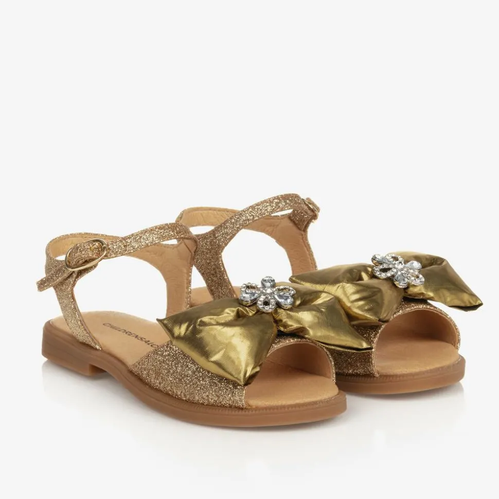 Girls Glittery Gold Satin Bow Sandals