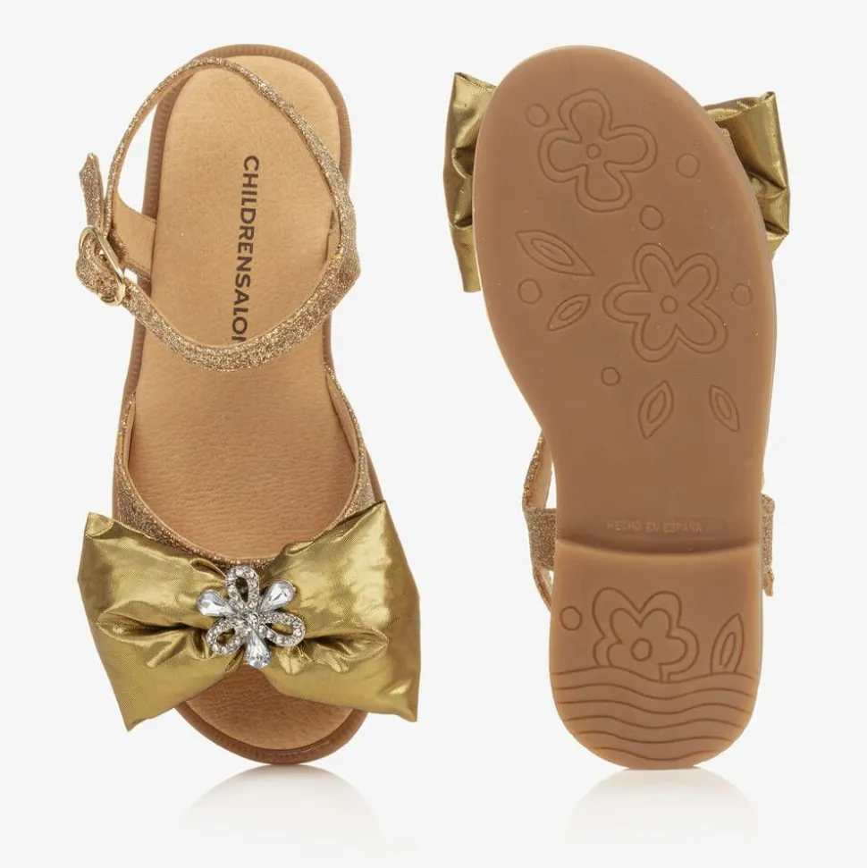 Girls Glittery Gold Satin Bow Sandals